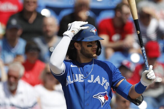 Toronto Blue Jays' Bo Bichette bats during a spring training baseball game, Sunday, March 8, 2020, in Dunedin, Fla. (AP Photo/Carlos Osorio)