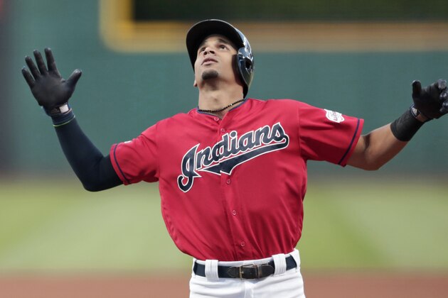 Cleveland Indians' Oscar Mercado looks up after hitting a solo home run during the first inning of the team's baseball game against the Detroit Tigers, Tuesday, Sept. 17, 2019, in Cleveland. (AP Photo/Tony Dejak)
