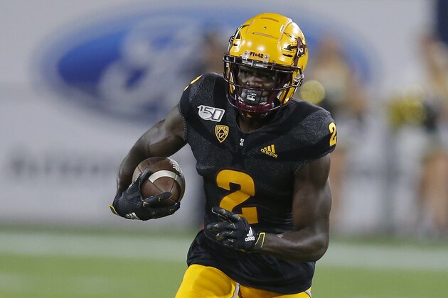 Arizona State wide receiver Brandon Aiyuk runs for a first down against Colorado during the first half of an NCAA college football game Saturday, Sept. 21, 2019, in Tempe, Ariz. (AP Photo/Rick Scuteri)