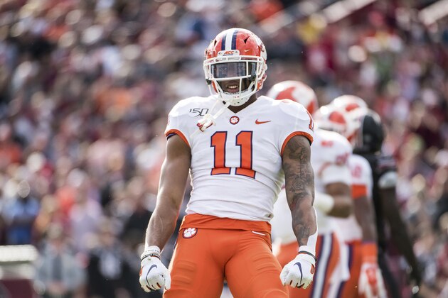FILE - In this Nov. 30, 2019, file photo, Clemson linebacker Isaiah Simmons (11) celebrates a stop against South Carolina during an NCAA college football game, in Columbia, S.C. Simmons was selected to The Associated Press All-America team, Monday, Dec. 16, 2019.(AP Photo/Sean Rayford, File)