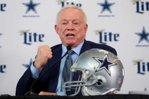 FRISCO, TEXAS - JANUARY 08: Team owner Jerry Jones of the Dallas Cowboys talks with the media during a press conference at the Ford Center at The Star on January 08, 2020 in Frisco, Texas. (Photo by Tom Pennington/Getty Images)