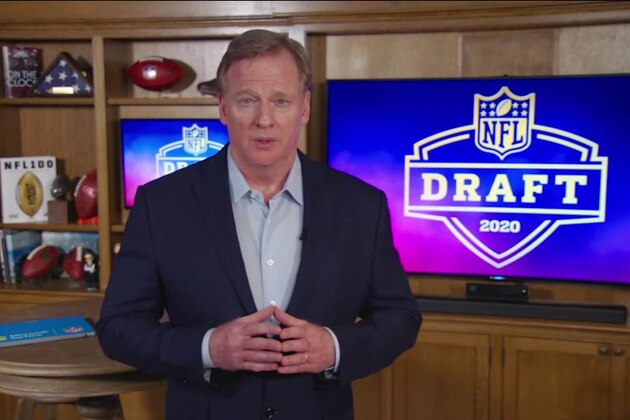 In this still image from video provided by the NFL, NFL Commissioner Roger Goodell speaks from his home in Bronxville, N.Y., during the NFL football draft Thursday, April 23, 2020. (NFL via AP)