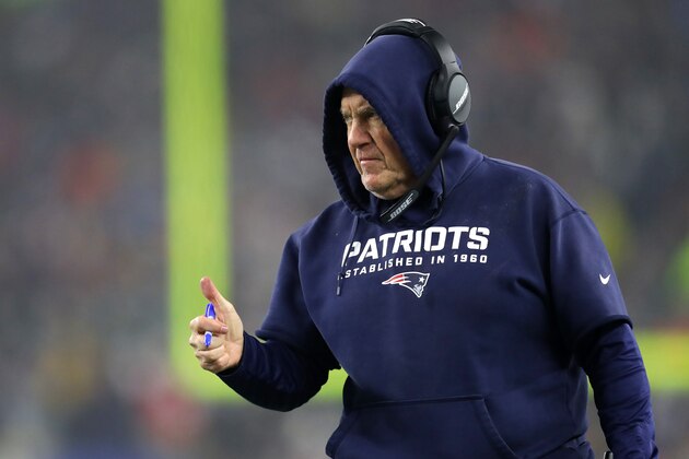 FOXBOROUGH, MASSACHUSETTS - JANUARY 04: Head coach Bill Belichick of the New England Patriots looks on during the the AFC Wild Card Playoff game against the Tennessee Titans at Gillette Stadium on January 04, 2020 in Foxborough, Massachusetts. (Photo by Maddie Meyer/Getty Images)