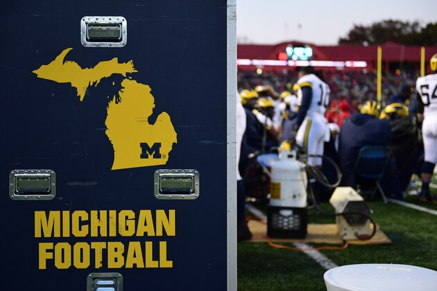 PISCATAWAY, NJ - NOVEMBER 10: Michigan map and logos are shown on the sideline against the Rutgers Scarlet Knights during the second quarter at HighPoint.com Stadium on November 10, 2018 in Piscataway, New Jersey. Michigan won 42-7. (Photo by Corey Perrine/Getty Images)