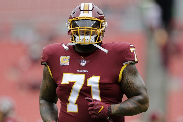 Washington Redskins offensive tackle Trent Williams warms up prior to an NFL football game against the San Fransisco 49ers, Sunday, Oct. 15, 2017, in Landover, Md. (AP Photo/Mark Tenally) Washington Redskins offensive tackle Trent Williams warms up prior to an NFL football game against the San Fransisco 49ers, Sunday, Oct. 15, 2017, in Landover, Md. (AP Photo/Mark Tenally)