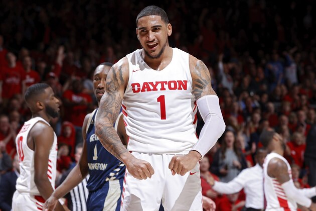 DAYTON, OH - MARCH 07: Obi Toppin #1 of the Dayton Flyers reacts after a dunk in the second half of a game against the George Washington Colonials at UD Arena on March 7, 2020 in Dayton, Ohio. Dayton defeated George Washington 76-51. (Photo by Joe Robbins/Getty Images)