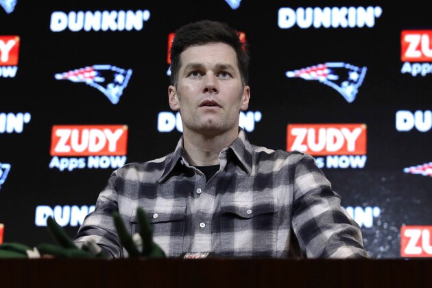 New England Patriots quarterback Tom Brady speaks to the media following an NFL football game against the Buffalo Bills, Saturday, Dec. 21, 2019, in Foxborough, Mass. (AP Photo/Elise Amendola)