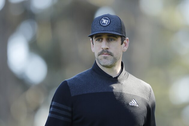PEBBLE BEACH, CALIFORNIA - FEBRUARY 06:  Aaron Rodgers of the Green Bay Packers looks on during the during the first round of the AT&T Pebble Beach Pro-Am at Spyglass Hill Golf Course on February 06, 2020 in Pebble Beach, California. (Photo by Michael Reaves/Getty Images)