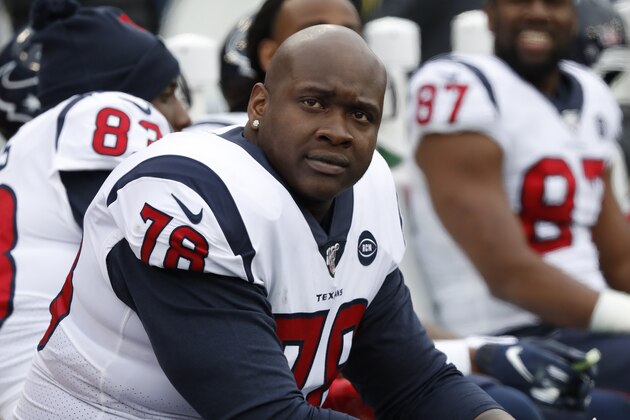 NASHVILLE, TENNESSEE - DECEMBER 15:  Laremy Tunsil #78 of the Houston Texans watches from the sideline during a game against the Tennessee Titans at Nissan Stadium on December 15, 2019 in Nashville, Tennessee. (Photo by Frederick Breedon/Getty Images)