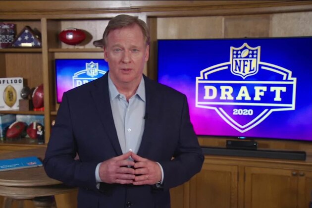 In this still image from video provided by the NFL, NFL Commissioner Roger Goodell speaks from his home in Bronxville, N.Y., during the NFL football draft Thursday, April 23, 2020. (NFL via AP)