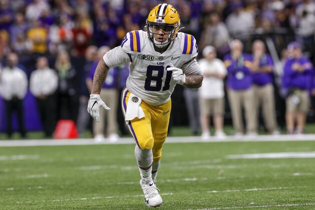 NEW ORLEANS, LA - JANUARY 13: Tight End Thaddeus Moss #81 of the LSU Tigers during the College Football Playoff National Championship game against the Clemson Tigers at the Mercedes-Benz Superdome on January 13, 2020 in New Orleans, Louisiana. LSU defeated Clemson 42 to 25. (Photo by Don Juan Moore/Getty Images)