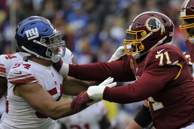 Washington Redskins offensive tackle Trent Williams (71) blocks New York Giants outside linebacker Olivier Vernon (54) during an NFL football game, Sunday, Dec. 9, 2018, in Landover, Md. (AP Photo/Mark Tenally)