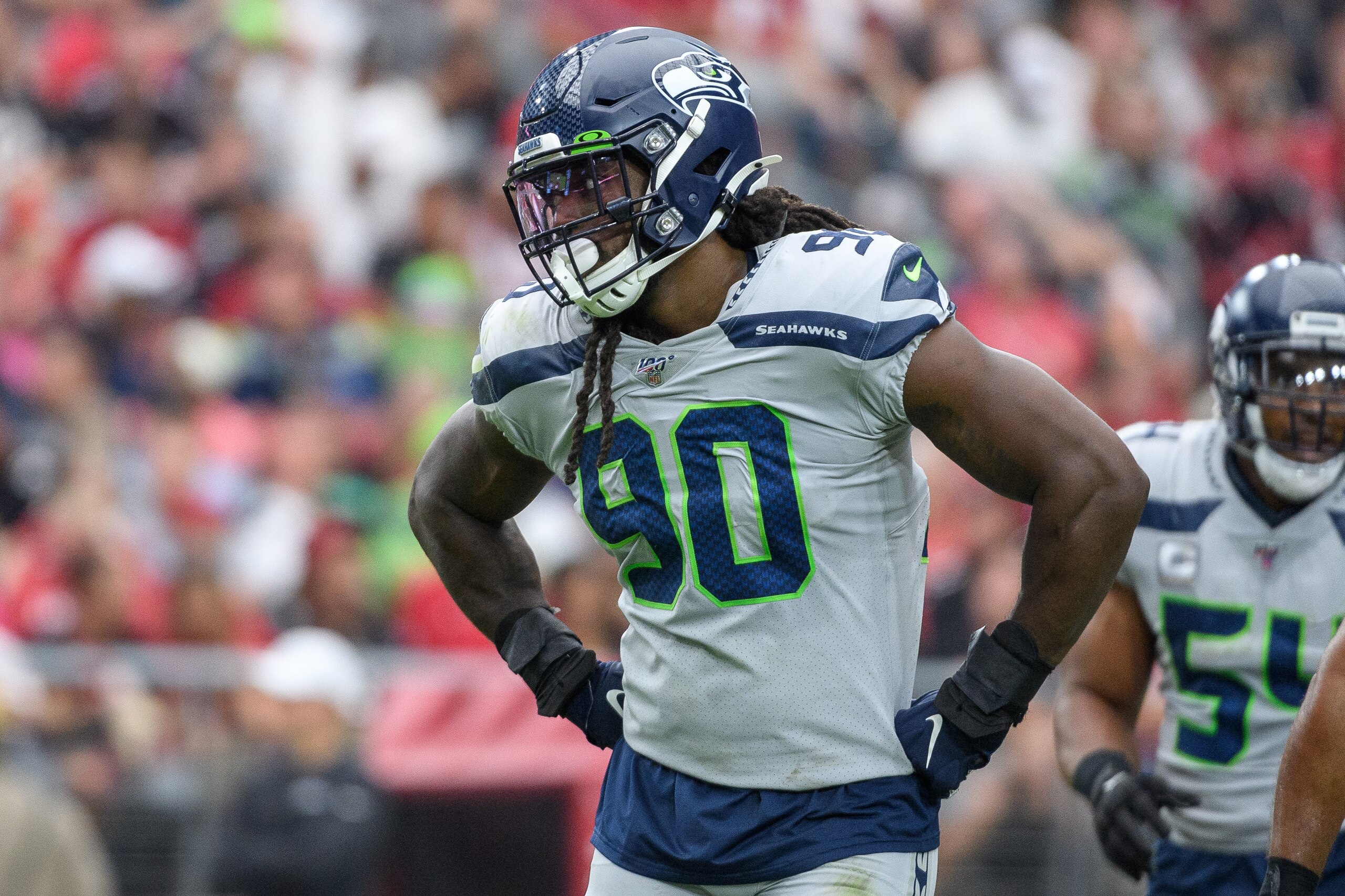 GLENDALE, ARIZONA - SEPTEMBER 29: Outside linebacker Jadeveon Clowney #90 of the Seattle Seahawks reacts on the field during the NFL game against the Arizona Cardinals at State Farm Stadium on September 29, 2019 in Glendale, Arizona. The Seahawks won 27 to 10.
 (Photo by Jennifer Stewart/Getty Images)