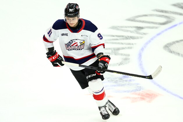 HAMILTON, ON - JANUARY 16:  Cole Perfetti #91 of Team White skates during warm up for the 2020 CHL/NHL Top Prospects Game against Team Red at FirstOntario Centre on January 16, 2020 in Hamilton, Canada.  (Photo by Vaughn Ridley/Getty Images)