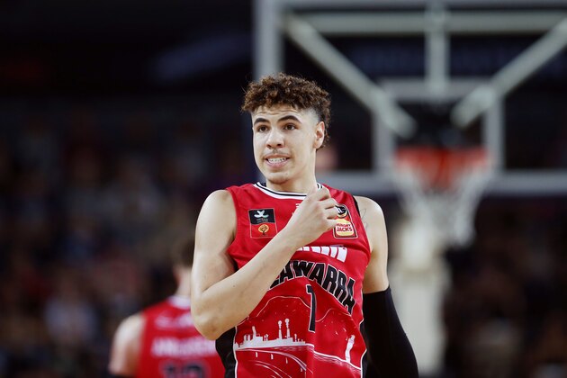 AUCKLAND, NEW ZEALAND - NOVEMBER 30: LaMelo Ball of the Hawks reacts during the round 9 NBL match between the New Zealand Breakers and the Illawarra Hawks at Spark Arena on November 30, 2019 in Auckland, New Zealand. (Photo by Anthony Au-Yeung/Getty Images)