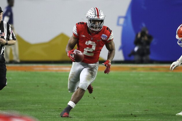 Ohio State running back J.K. Dobbins (2) during the first half of the Fiesta Bowl NCAA college football game against Clemson, Saturday, Dec. 28, 2019, in Glendale, Ariz. (AP Photo/Rick Scuteri).