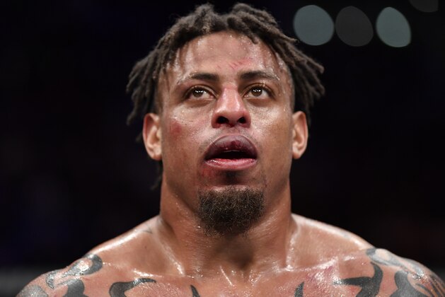 MOSCOW, RUSSIA - NOVEMBER 09:  Greg Hardy reacts after the conclusion of his heavyweight bout against Alexander Volkov during the UFC Fight Night event at CSKA Arena on November 09, 2019 in Moscow, Russia. (Photo by Jeff Bottari/Zuffa LLC via Getty Images)