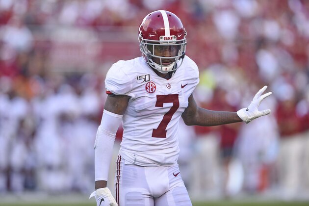 Alabama defensive back Trevon Diggs waits on the snap during the second half of an NCAA college football game against South Carolina Saturday, Sept. 14, 2019, in Columbia, S.C. (AP Photo/Richard Shiro)