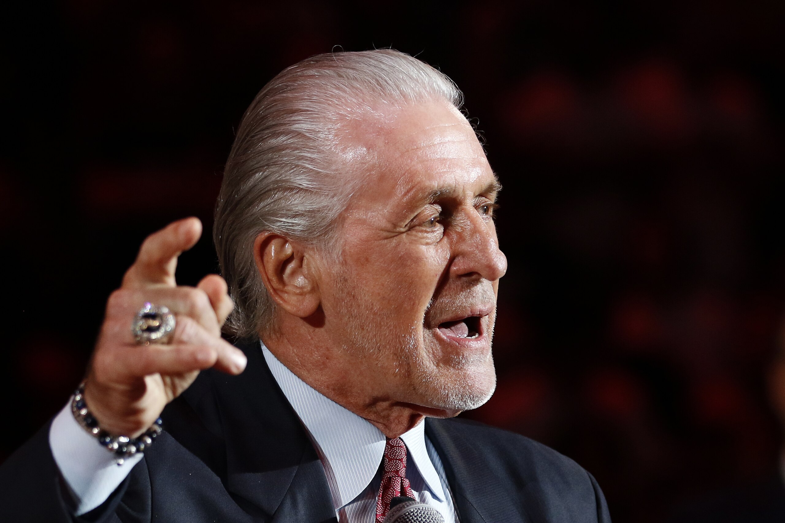 Miami Heat president Pat Riley speaks during a ceremony retiring the jersey of former Heat player Chris Bosh at halftime of an NBA game between the Heat and the Orlando Magic, Tuesday, March 26, 2019, in Miami. Bosh played 13 seasons, the first seven in Toronto and the last six in Miami. He averaged 19.2 points and 8.5 rebounds, was an All-Star 11 times and won two championships. (AP Photo/Joe Skipper)