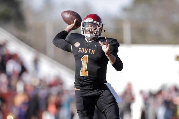 MOBILE, AL - JANUARY 25: Quarterback Jalen Hurts #1 from Oklahoma of the South Team on a pass play during the 2020 Resse's Senior Bowl at Ladd-Peebles Stadium on January 25, 2020 in Mobile, Alabama. The North Team defeated the South Team 34 to 17. (Photo by Don Juan Moore/Getty Images)