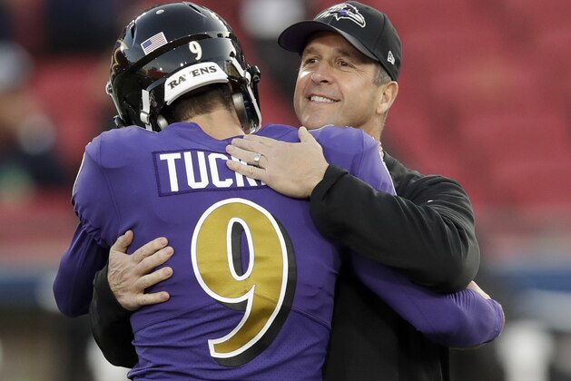 Baltimore Ravens head coach John Harbaugh hugs kicker Justin Tucker before an NFL football game against the Los Angeles Rams Monday, Nov. 25, 2019, in Los Angeles. (AP Photo/Marcio Jose Sanchez)