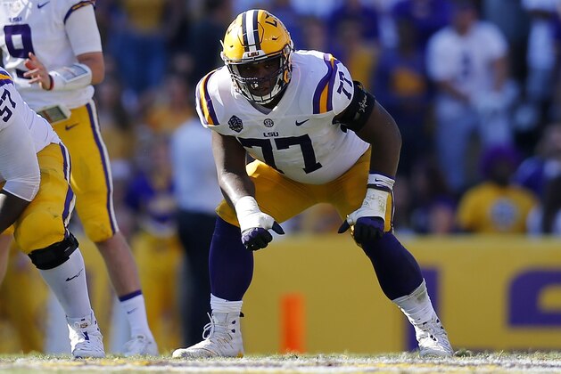 BATON ROUGE, LA - OCTOBER 13:  Saahdiq Charles #77 of the LSU Tigers guards during a game against the Georgia Bulldogs at Tiger Stadium on October 13, 2018 in Baton Rouge, Louisiana.  (Photo by Jonathan Bachman/Getty Images)