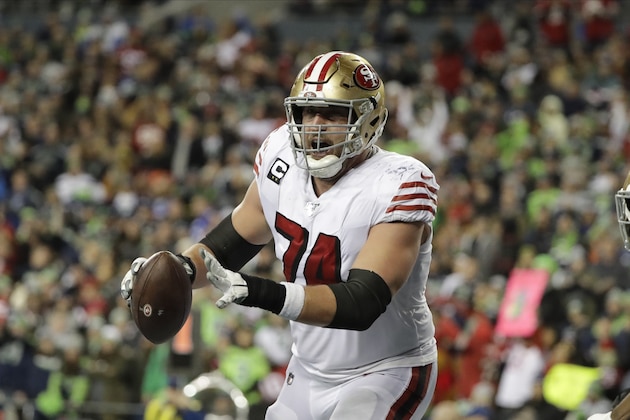 San Francisco 49ers offensive tackle Joe Staley reacts after his team scored against the Seattle Seahawks during the second half of an NFL football game, Sunday, Dec. 29, 2019, in Seattle. (AP Photo/Ted S. Warren)