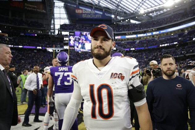 Chicago Bears quarterback Mitchell Trubisky walks off the field after an NFL football game against the Minnesota Vikings, Sunday, Dec. 29, 2019, in Minneapolis. The Bears won 21-19. (AP Photo/Andy Clayton-King)