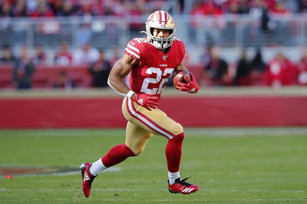 San Francisco 49ers running back Matt Breida (22) runs against the Atlanta Falcons during the first half of an NFL football game in Santa Clara, Calif., Sunday, Dec. 15, 2019. (AP Photo/John Hefti)