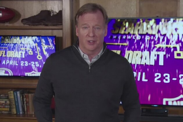 In this still image from video provided by the NFL, Commissioner Roger Goodell speaks during the NFL football draft, Friday, April 24, 2020. (NFL via AP)
