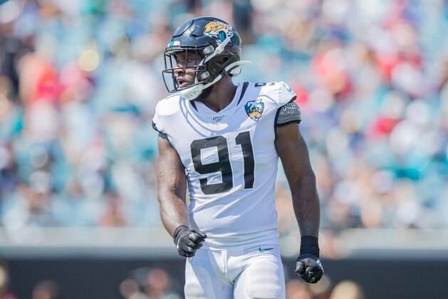 JACKSONVILLE, FLORIDA - SEPTEMBER 08: Yannick Ngakoue #91 of the Jacksonville Jaguars in action during a game against the Kansas City Chiefs at TIAA Bank Field on September 08, 2019 in Jacksonville, Florida. (Photo by James Gilbert/Getty Images)
