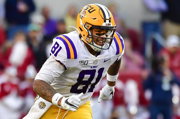 LSU tight end Thaddeus Moss in an NCAA football game Saturday, Nov. 9, 2019, in Tuscaloosa, Ala. (AP Photo/Vasha Hunt)