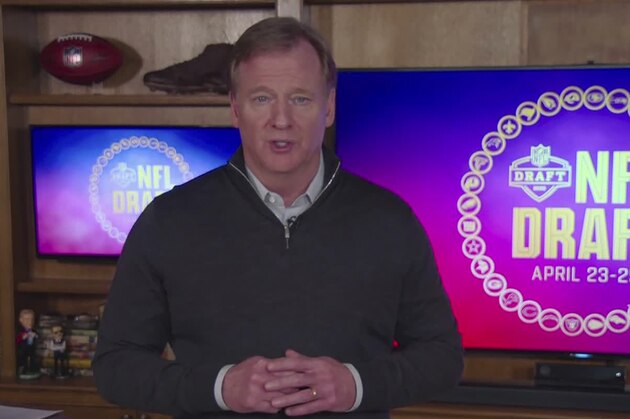 In this still image from video provided by the NFL, Commissioner Roger Goodell speaks during the NFL football draft, Friday, April 24, 2020. (NFL via AP)