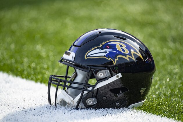 ORCHARD PARK, NY - DECEMBER 08:  Detail view of a Baltimore Ravens helmet on the field before the game against the Buffalo Bills at New Era Field on December 8, 2019 in Orchard Park, New York. Baltimore defeats Buffalo 24-17.  (Photo by Brett Carlsen/Getty Images)