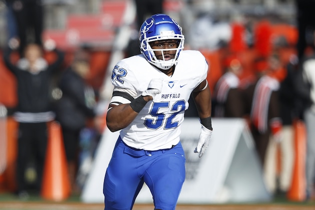 BOWLING GREEN, OH - NOVEMBER 23: Ledarius Mack #52 of the Buffalo Bulls in action during the game against the Bowling Green Falcons at Doyt Perry Stadium on November 23, 2018 in Bowling Green, Ohio. Buffalo won 44-14. (Photo by Joe Robbins/Getty Images)