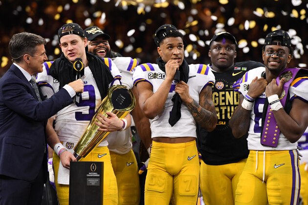 NEW ORLEANS, LA - JANUARY 13: The LSU Tigers celebrate after defeating the Clemson Tigers during the College Football Playoff National Championship held at the Mercedes-Benz Superdome on January 13, 2020 in New Orleans, Louisiana. (Photo by Jamie Schwaberow/Getty Images)