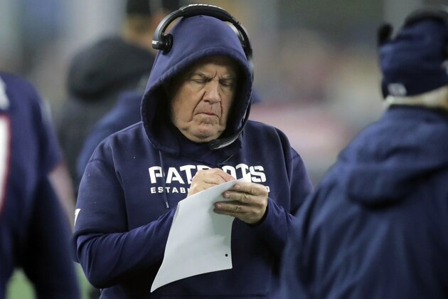 FILE - In this Jan. 4, 2020, file photo, New England Patriots head coach Bill Belichick takes notes on the sideline in the first half of an NFL wild-card playoff football game against the Tennessee Titans in Foxborough, Mass. The NFL Draft is April 23-25, 2020. (AP Photo/Charles Krupa, File)
