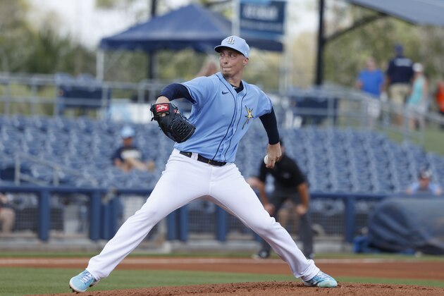 PORT CHARLOTTE, FL - FEBRUARY 26: Blake Snell #4 of the Tampa Bay Rays pitches during a Grapefruit League spring training game against the Minnesota Twins at Charlotte Sports Park on February 26, 2020 in Port Charlotte, Florida. The Twins defeated the Rays 10-8. (Photo by Joe Robbins/Getty Images)
