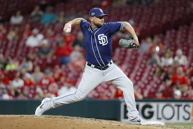 San Diego Padres relief pitcher Kirby Yates throws in the ninth inning of a baseball game against the Cincinnati Reds, Monday, Aug. 19, 2019, in Cincinnati. (AP Photo/John Minchillo)