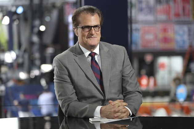 Mel Kiper Jr. is seen on the set of ESPN SportsCenter, Wednesday, April 24, 2019, in Nashville, Tenn. (AP Photo/Steve Luciano)