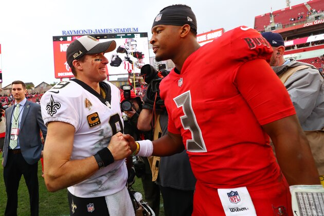 TAMPA, FLORIDA - DECEMBER 09: Drew Brees #9 of the New Orleans Saints shakes hands with Jameis Winston #3 of the Tampa Bay Buccaneers after the Saints defeated the Bucs 28-14 at Raymond James Stadium on December 09, 2018 in Tampa, Florida. (Photo by Will Vragovic/Getty Images)
