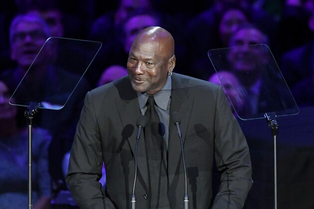LOS ANGELES, CALIFORNIA - FEBRUARY 24: Michael Jordan speaks during The Celebration of Life for Kobe & Gianna Bryant at Staples Center on February 24, 2020 in Los Angeles, California. (Photo by Kevork Djansezian/Getty Images)