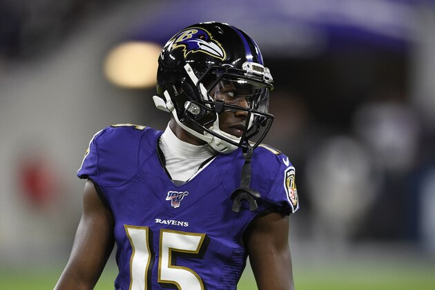 Baltimore Ravens wide receiver Marquise Brown (15) stands on the field during the first half an NFL divisional playoff football game against the Tennessee Titans, Saturday, Jan. 11, 2020, in Baltimore. (AP Photo/Nick Wass)