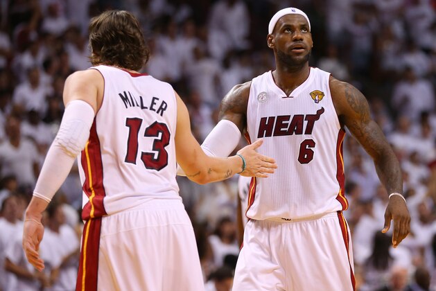 MIAMI, FL - JUNE 20:  LeBron James #6 and Mike Miller #13 of the Miami Heat celebrate in the second quarter while taking on the San Antonio Spurs during Game Seven of the 2013 NBA Finals at AmericanAirlines Arena on June 20, 2013 in Miami, Florida. NOTE TO USER: User expressly acknowledges and agrees that, by downloading and or using this photograph, User is consenting to the terms and conditions of the Getty Images License Agreement.  (Photo by Mike Ehrmann/Getty Images)