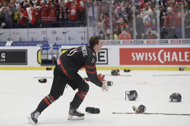 Canada's Alexis Lafreniere celebrates after winning the U20 Ice Hockey Worlds gold medal match between Canada and Russia in Ostrava, Czech Republic, Sunday, Jan. 5, 2020. (AP Photo/Petr David Josek)