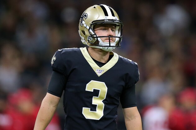NEW ORLEANS, LOUISIANA - OCTOBER 27: Wil Lutz #3 of the New Orleans Saints reacts during a game against the Arizona Cardinals at the Mercedes Benz Superdome on October 27, 2019 in New Orleans, Louisiana. (Photo by Jonathan Bachman/Getty Images)