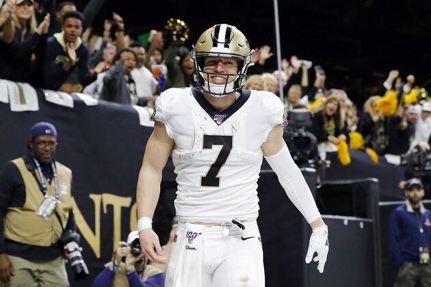NEW ORLEANS, LOUISIANA - JANUARY 05: Taysom Hill #7 of the New Orleans Saints celebrates after catching a touchdown pass during the fourth quarter against the Minnesota Vikings in the NFC Wild Card Playoff game at Mercedes Benz Superdome on January 05, 2020 in New Orleans, Louisiana. (Photo by Kevin C. Cox/Getty Images)