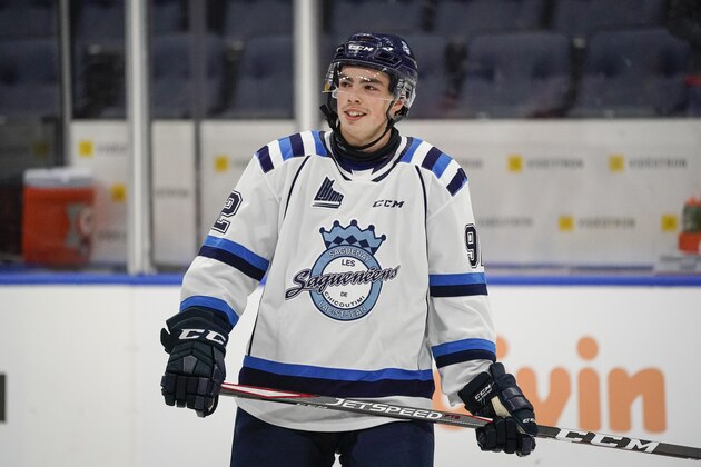 QUEBEC CITY, QC - OCTOBER 11: Hendrix Lapierre #92 of the Chicoutimi Sagueneens skates prior to his QMJHL hockey game at the Videotron Center on October 11, 2019 in Quebec City, Quebec, Canada. (Photo by Mathieu Belanger/Getty Images)