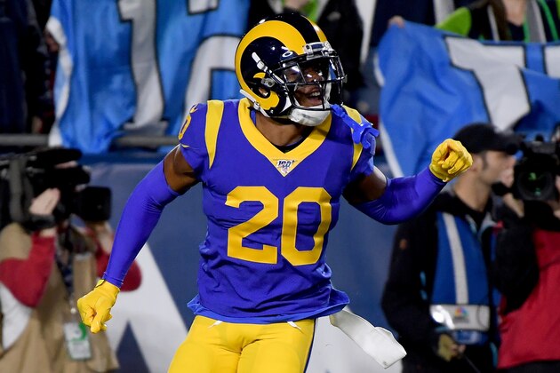 LOS ANGELES, CALIFORNIA - DECEMBER 08: Cornerback Jalen Ramsey #20 of the Los Angeles Rams celebrates a defensive stop on fourth down in the second quarter of the game against the Seattle Seahawks at Los Angeles Memorial Coliseum on December 08, 2019 in Los Angeles, California. (Photo by Harry How/Getty Images)