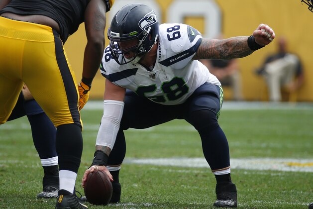 PITTSBURGH, PA - SEPTEMBER 15:  Justin Britt #68 of the Seattle Seahawks in action against the Pittsburgh Steelers on September 15, 2019 at Heinz Field in Pittsburgh, Pennsylvania.  (Photo by Justin K. Aller/Getty Images)